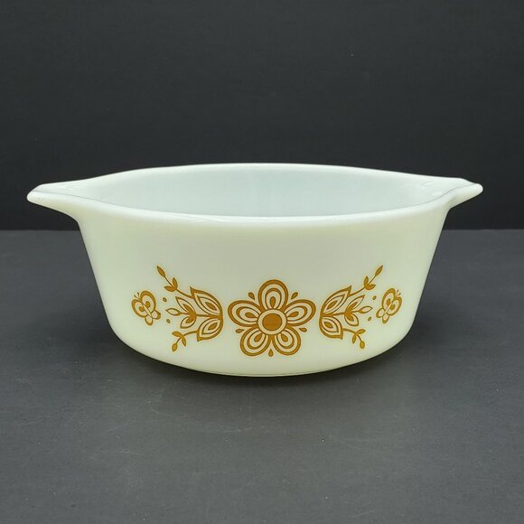 Pyrex Butterfly Gold 1.5 Pint Casserole Baking Dish Corning 472 Gold White Baker - Picture 1 of 8